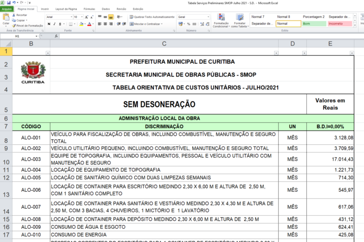 Tabela SINAPI em Excel Grátis - Janeiro de 2021 - ReforMAIS