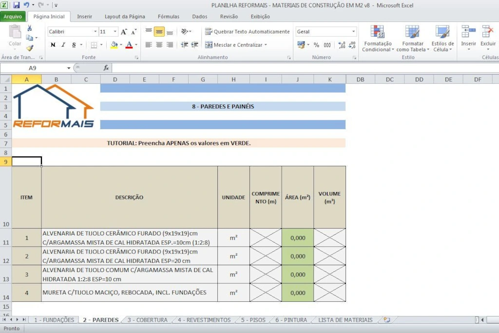 Planilha de Materiais de Construção