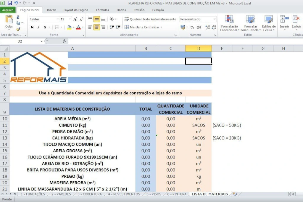Planilha de Materiais de Construção