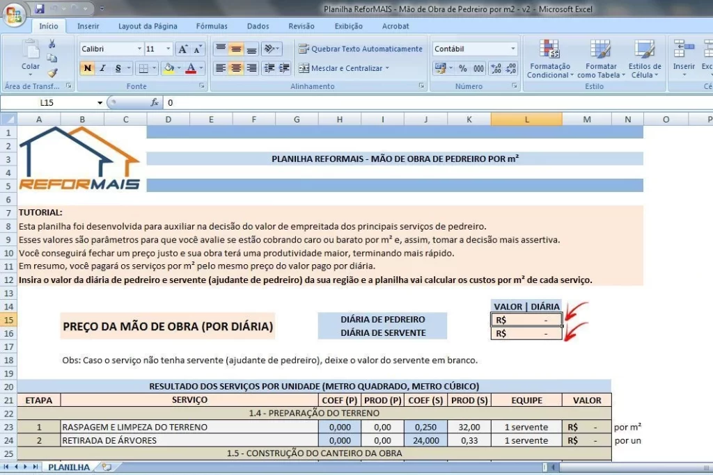 Planilha de Mão de Obra de Pedreiro